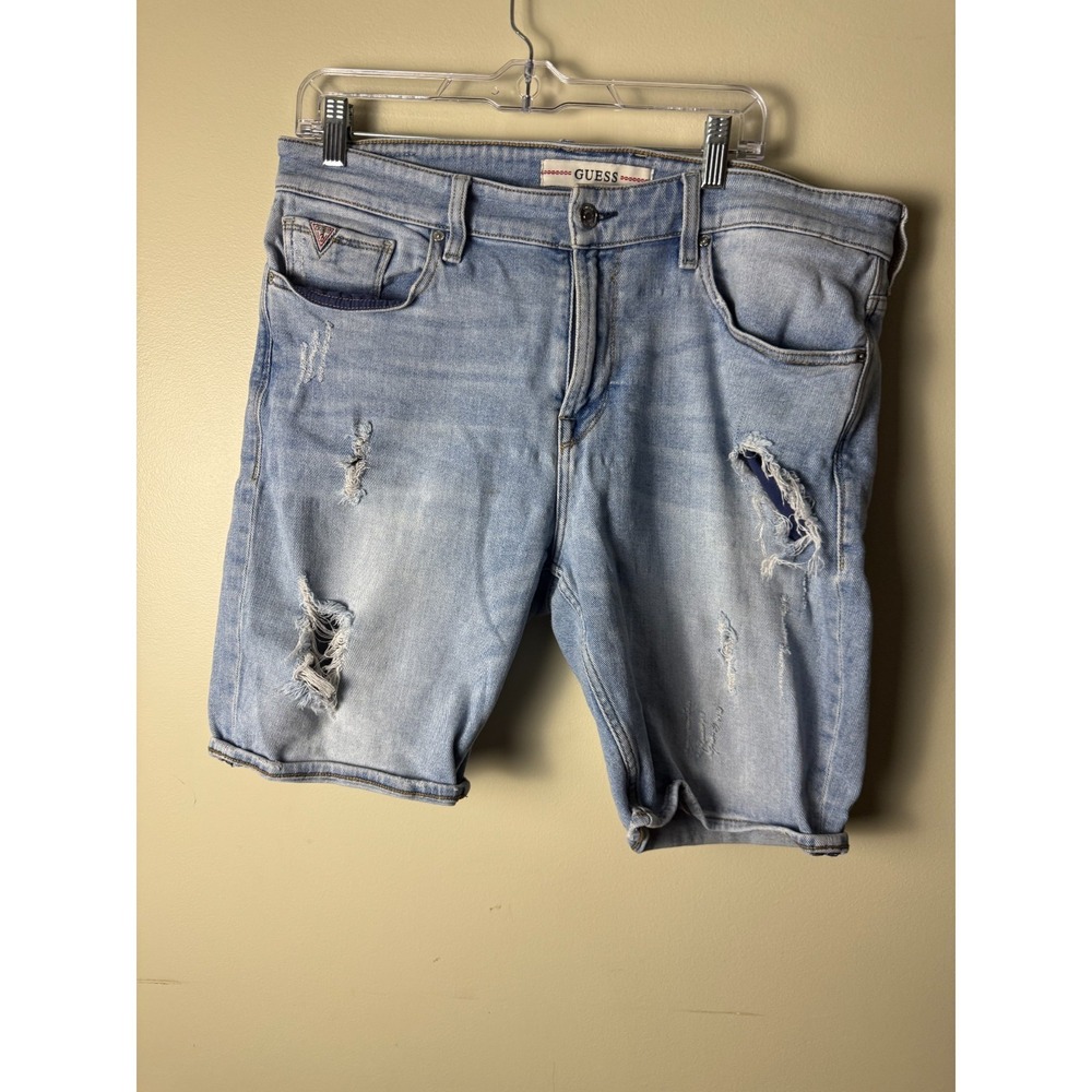 Guess Denim Shorts Mens 36 Light Wash Blue Distressed Casual
